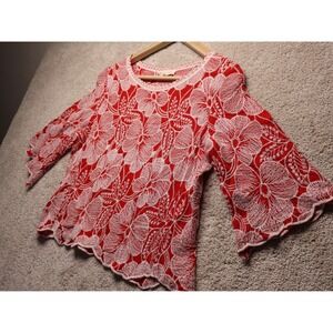 Solitaire Red White Floral Embroidered‎ Crop Top Bell Sleeves Boho Chic Women S